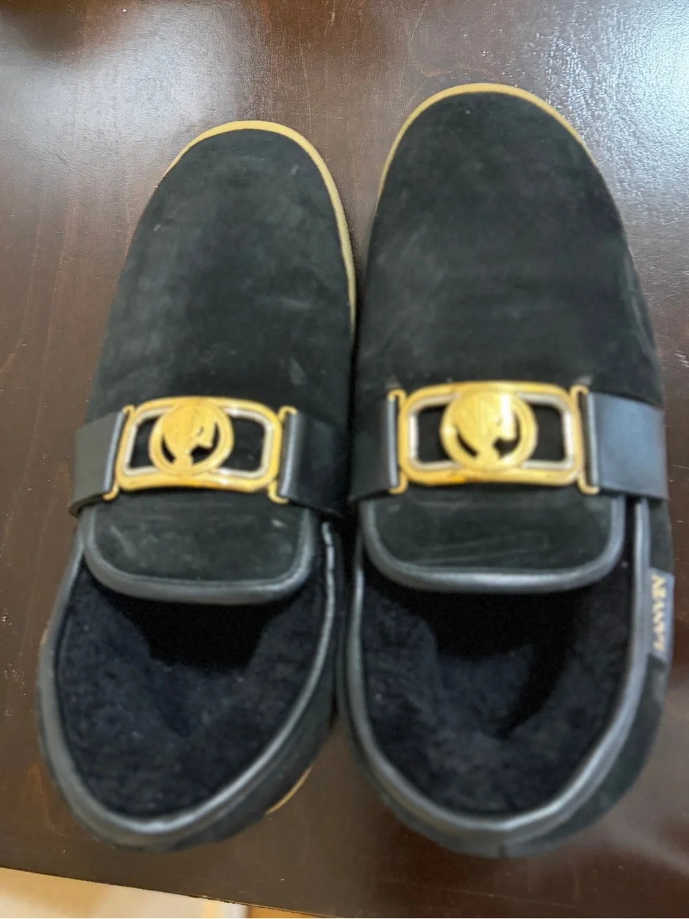 Lanvin Black Suede Slip-On Loafers with Gold Emblem and Gum Sole